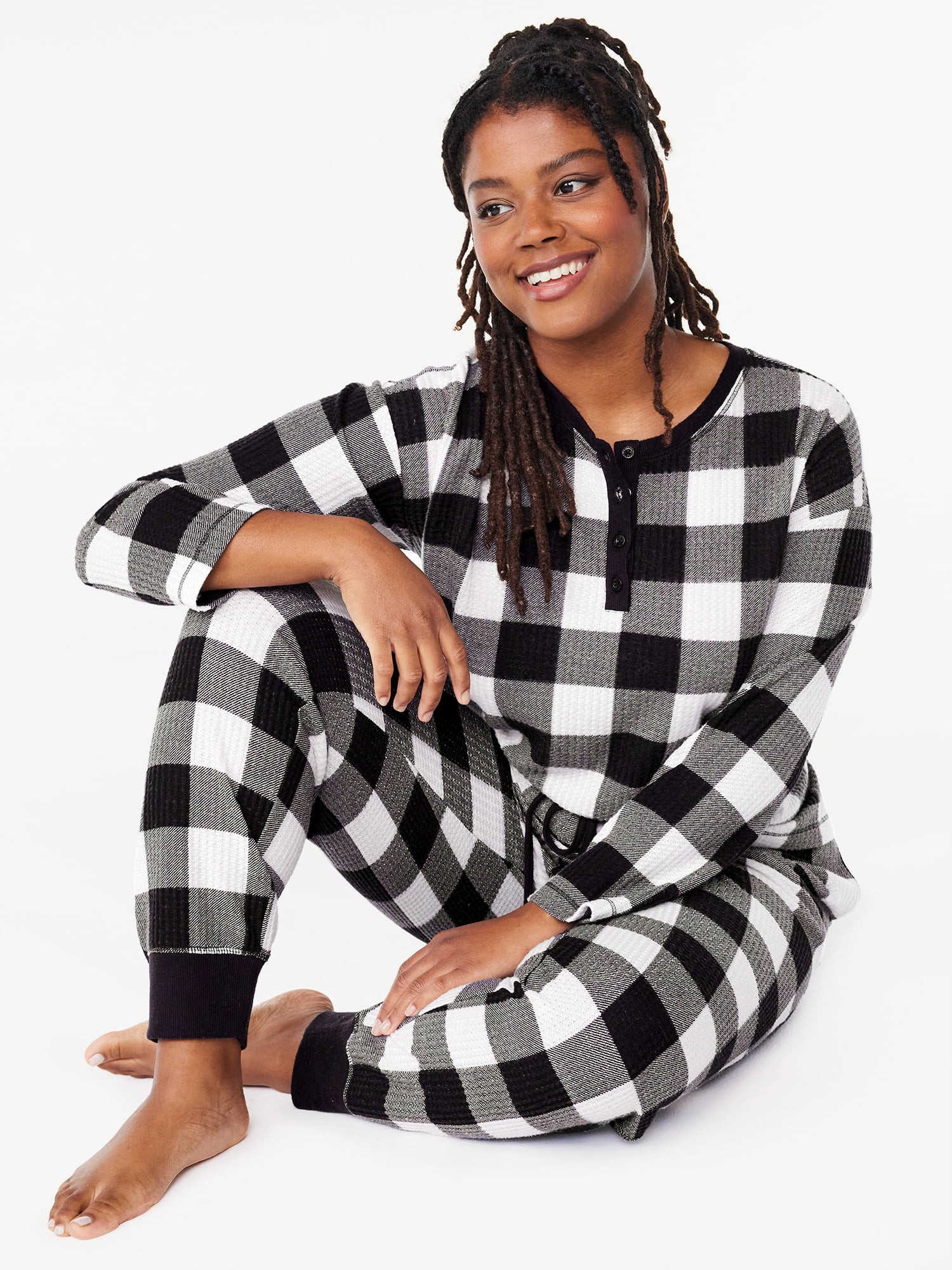 Joyspun Women's Waffle Hacci Knit Henley Top and Joggers Pajama Set, 2-Piece, Sizes S to 3X | Walmart (US)