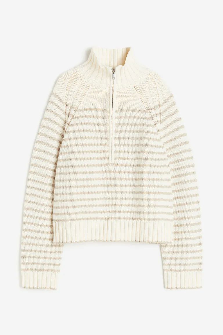 Half-zip Sweater - Cream/beige striped - Ladies | H&M US | H&M (US + CA)