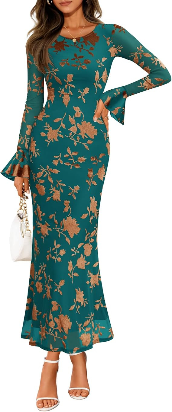 ZESICA Women's 2025 Bell Long Sleeve Floral Maxi Dress Fall Fashion Bodycon Mesh Wedding Guest Co... | Amazon (US)