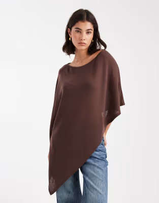 ASOS DESIGN semi sheer knit-look asymmetric one shoulder cape in brown | ASOS (Global)