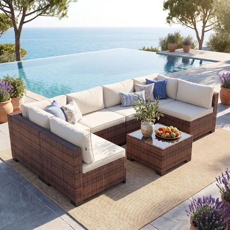 Clouddwell 7 Piece Outdoor Patio Furniture Set, Wicker Rattan Patio Sectional Sofa Sets, Off White | Walmart (US)