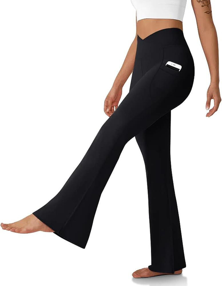 DLOODA Women's Flare Leggings with Pockets Crossover High Waisted Bootcut Yoga Pants Tummy Contro... | Amazon (US)