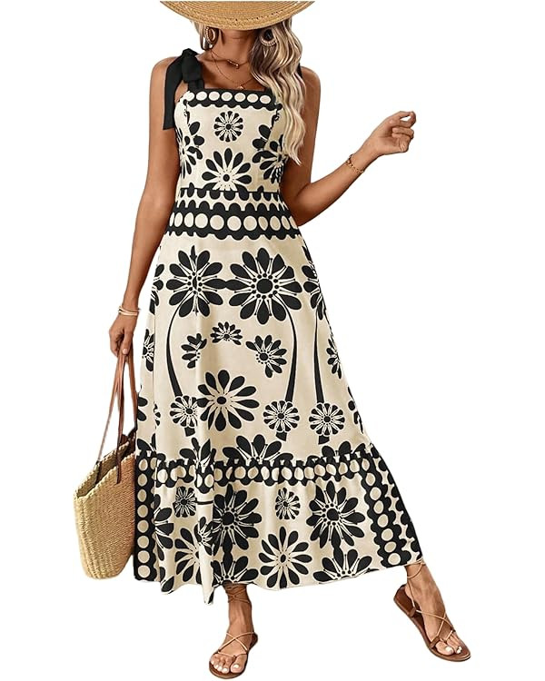 Floerns Women's Vintage Sleeveless Tie Shoulder Sundress Floral Print Cami Maxi Dress | Amazon (US)