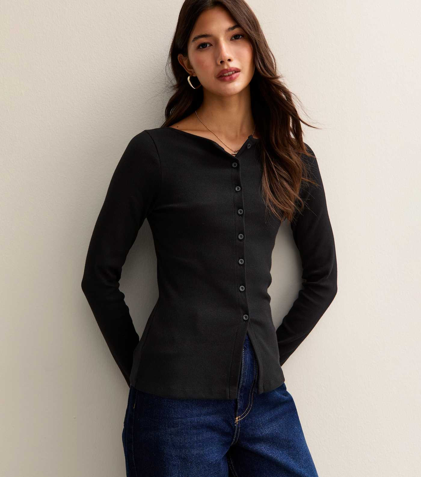 Black Rib Button Up Long Sleeve Top | New Look | New Look (UK)