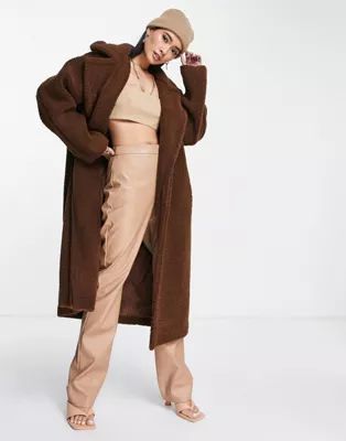 Pretty Lavish oversized wrap tie boucle teddy coat in brown | ASOS (Global)