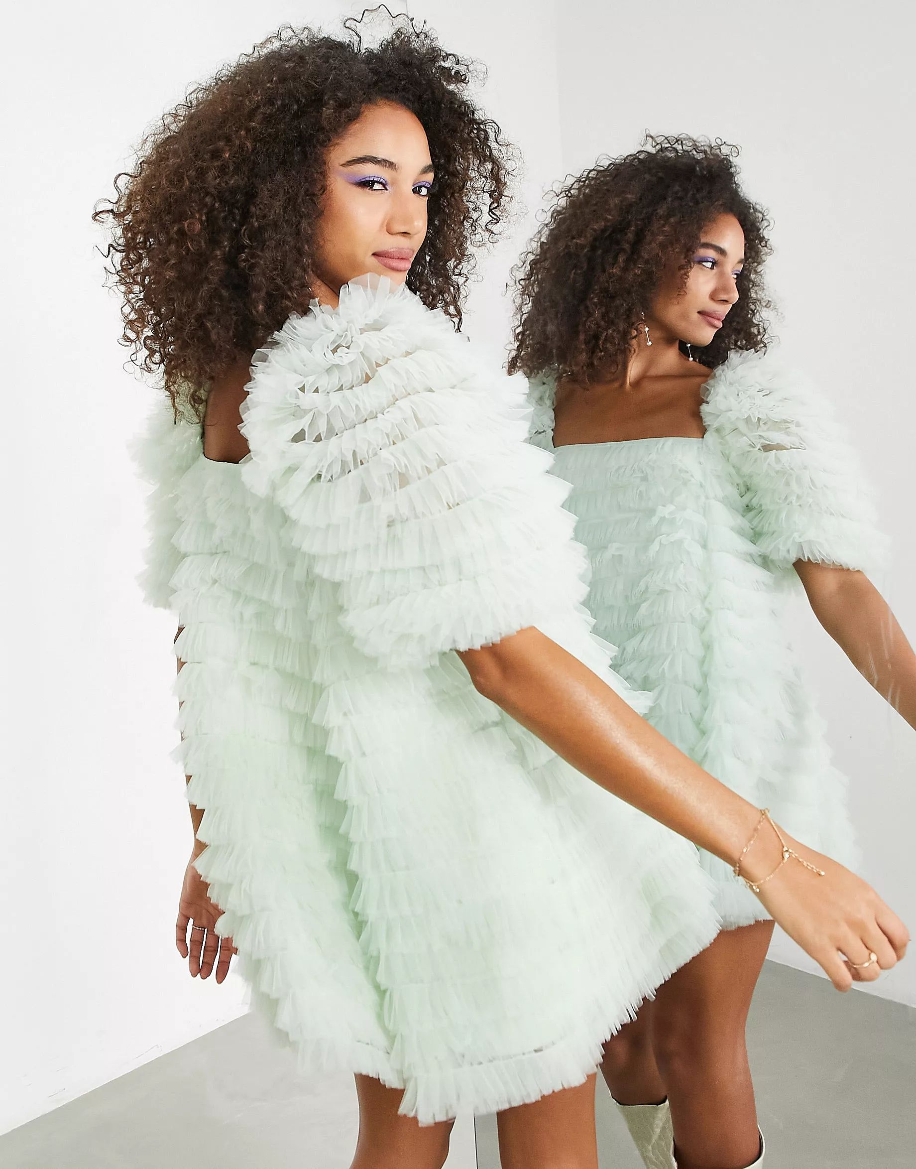 ASOS EDITION puff sleeve tulle square neck mini dress in sage green | ASOS (Global)