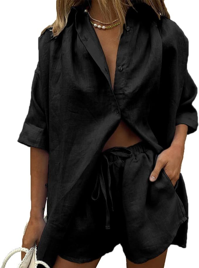 Women's Summer Casual 2 Piece Outfits Set Short Sleeve Collar Button T-Shirt Top Bodycon Shorts S... | Amazon (US)
