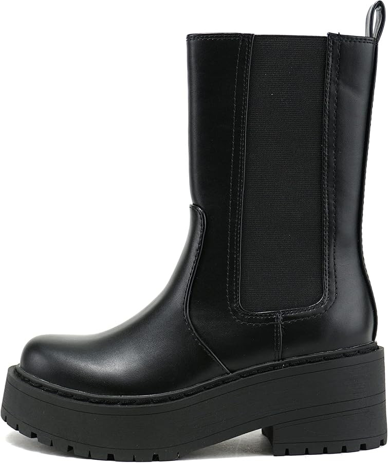 Soda PORTAL – Women Lug Sole High Profile Chelsea Elastic Gore Mid Shaft Chunky Heel Fashion Bo... | Amazon (US)