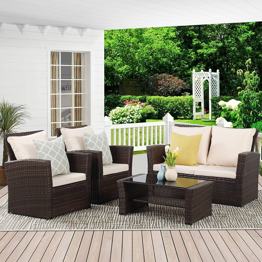 Wisteria Lane 4 Piece Outdoor Patio Furniture Sets, Wicker Conversation Set for Porch Deck, Brown... | Amazon (US)