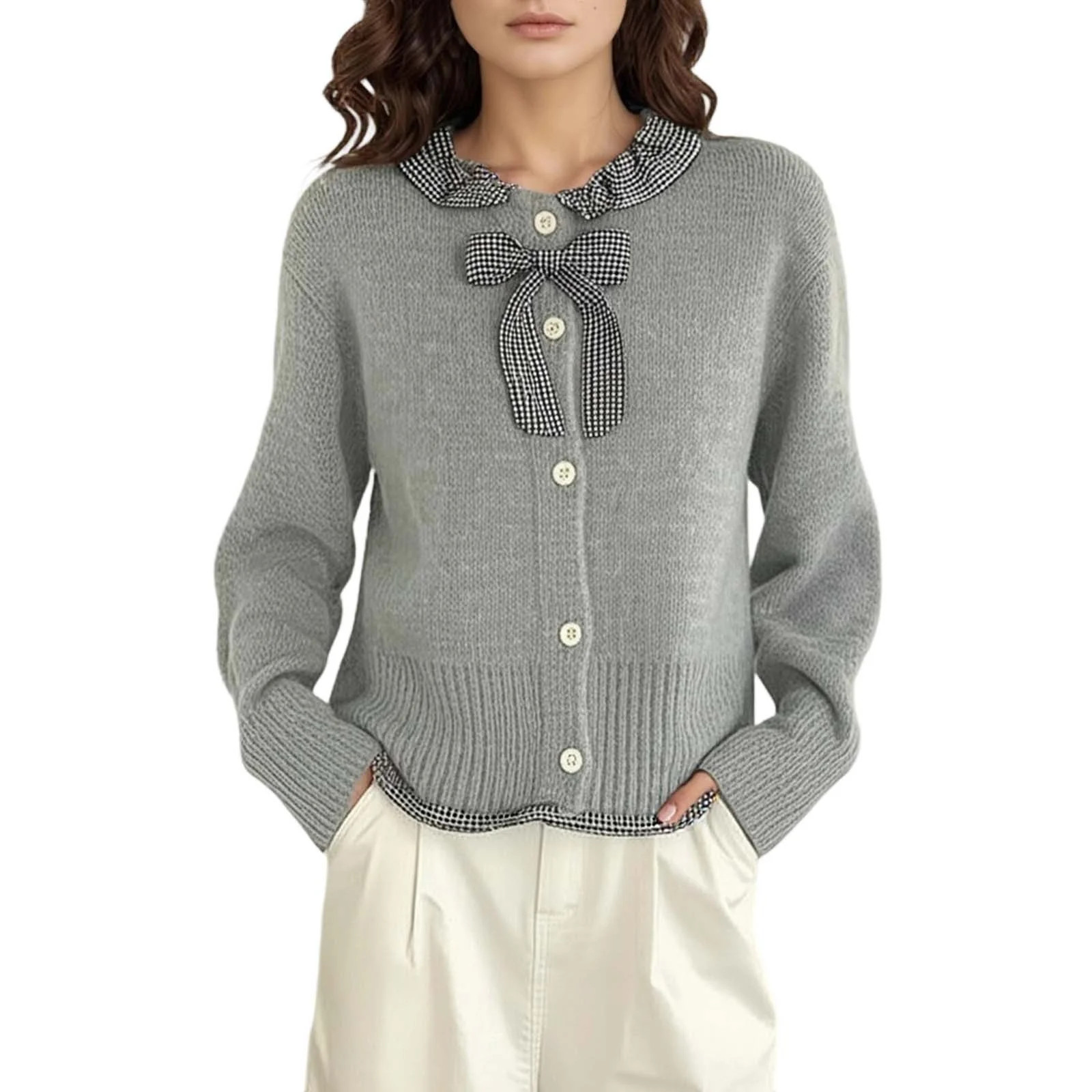 AWZXDE Women's Plaid Collar Bow Detail Sweater Cardigan Fashion Casual Solid Color Cute Short Kni... | Walmart (US)