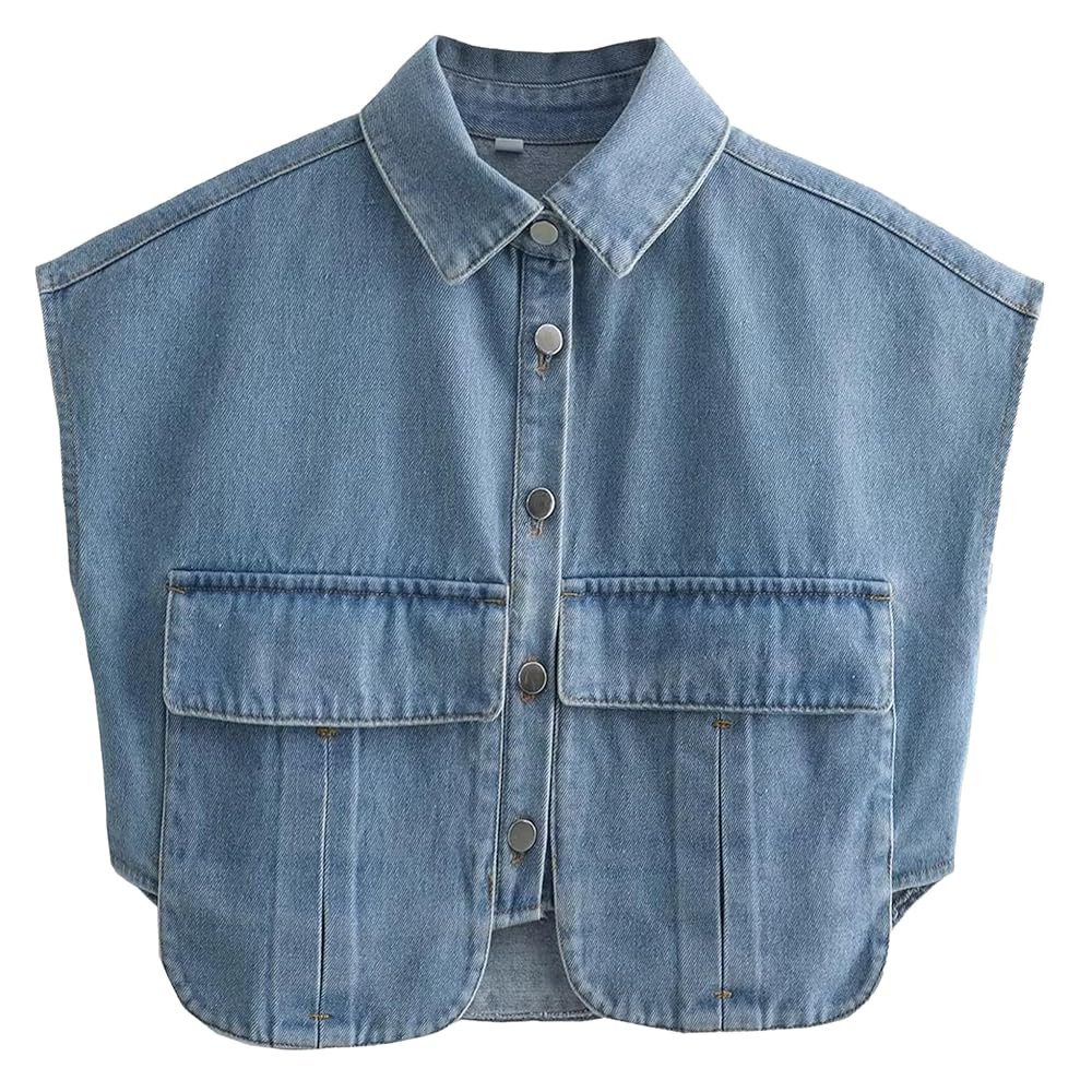 Denim Vest Women Button Down Polo Neck Cropped Loose Sleeveless Shirt Top Jean Jacket Coat with P... | Amazon (US)