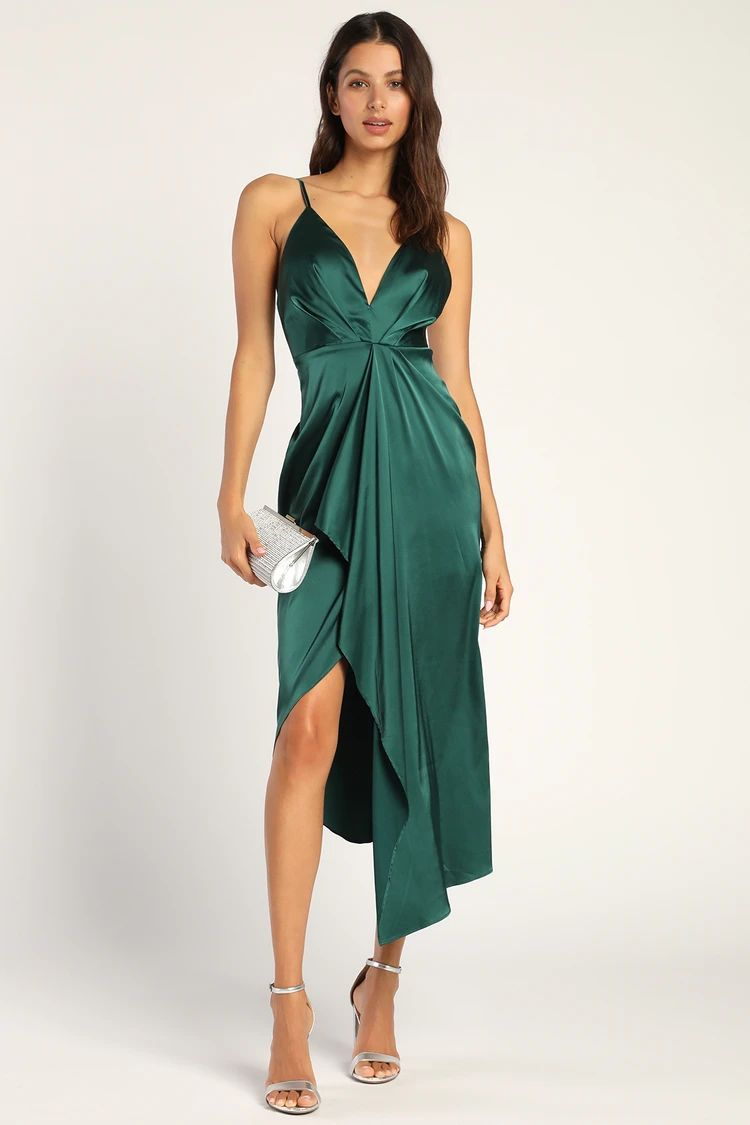 Caught Feelings Emerald Green Satin Ruffled Midi Dress | Lulus (US)