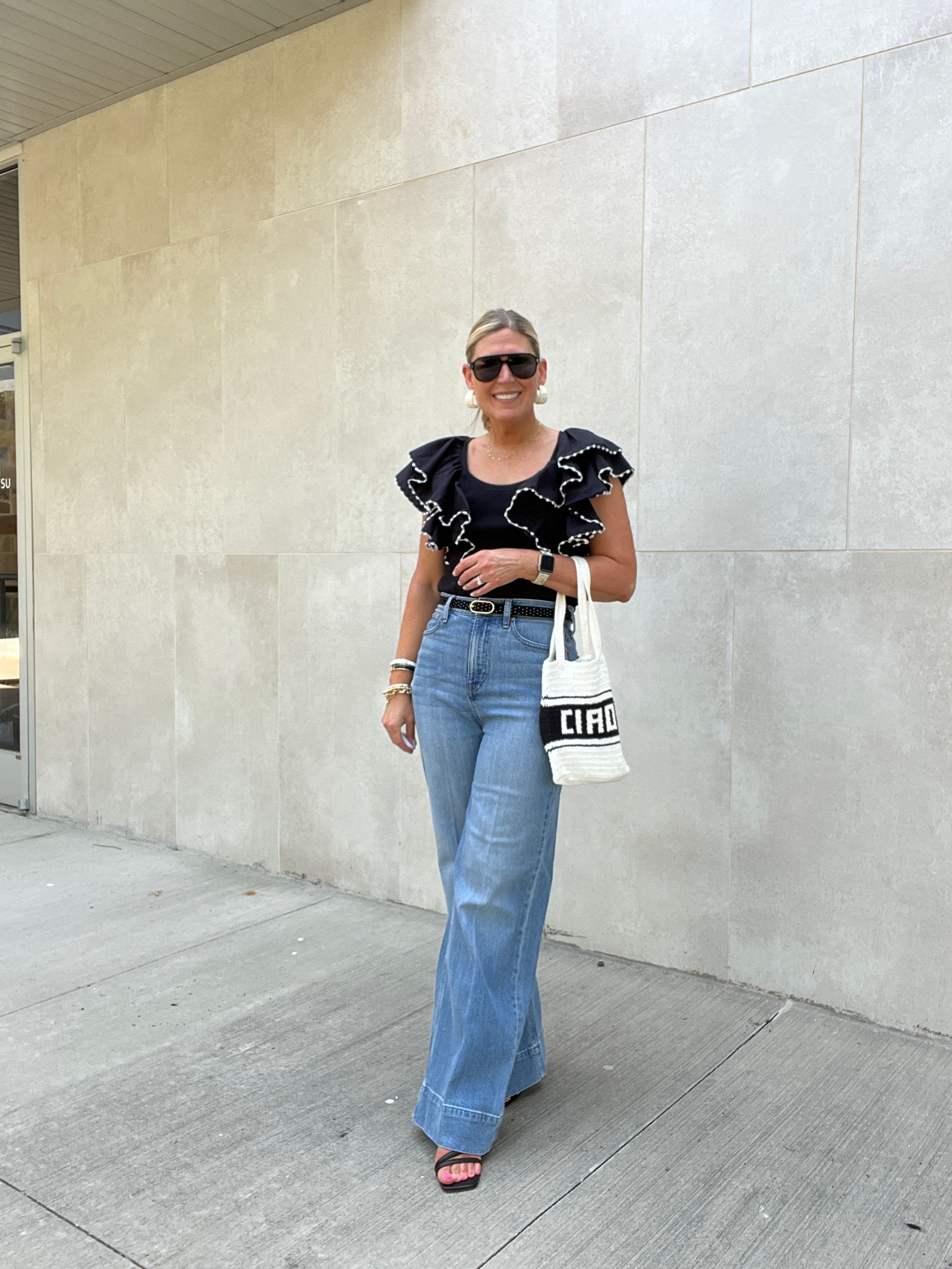 Oversized ruffled top. Runs tts. Denim trousers run slightly large with some stretch. Linking accessories. 

#LTKSaleAlert #LTKFindsUnder100 #LTKItBag