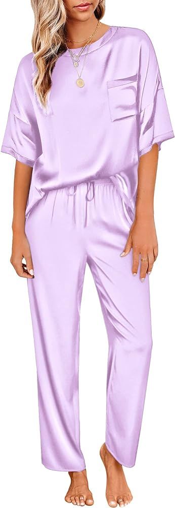 Ekouaer Womens Satin Silky Pajama Set Short Sleeve Shirt with Long Pajama Pant Set Soft PJ Lounge... | Amazon (US)