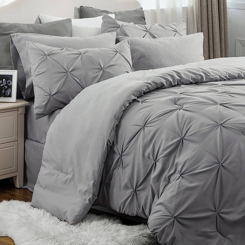 Bedsure Queen Comforter Set - 7 Pieces Comforters Queen Size Grey, Pintuck Bedding Sets Queen for... | Amazon (US)