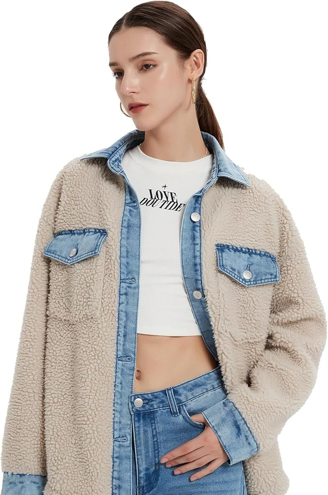 women's colorblock patchwork fleece jacket - denim and teddy sweaters with long sleeves | Amazon (US)