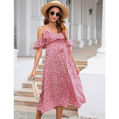 Garvee Women's Maternity Dress Floral Ruffles Sleeveless Spaghetti Strap Dress V Neck A Line Tiered Flowy Nursing Dress Red M | Target