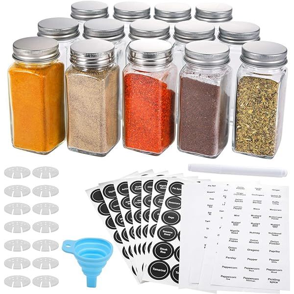 Aozita 14 Pcs Glass Spice Jars with Spice Labels - 8oz Empty Square Spice Bottles - Shaker Lids and  | Amazon (US)