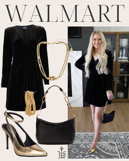 This is such a pretty outfit from @walmart! It’s perfect for those upcoming holiday parties or even a girls night! #walmartpartner The dress runs TTS and wearing a size small! Shoes are also TTS and wearing an 8! 

@walmartfashion #walmart

Holiday outfit, black dress, black velvet, gold jewelry, affordable outfit, purse, gold shoes, going out shoes, shoulder pads, gold bracelet, bangles, girl night 

#LTKHoliday #LTKitbag #LTKstyletip