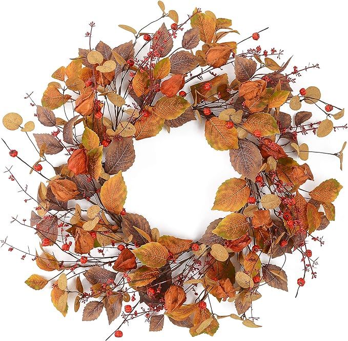 YNYLCHMX Thanksgiving Wreaths for Front Door, 18" Artificial Wreath Small Pumpkin with Winter Lea... | Amazon (US)