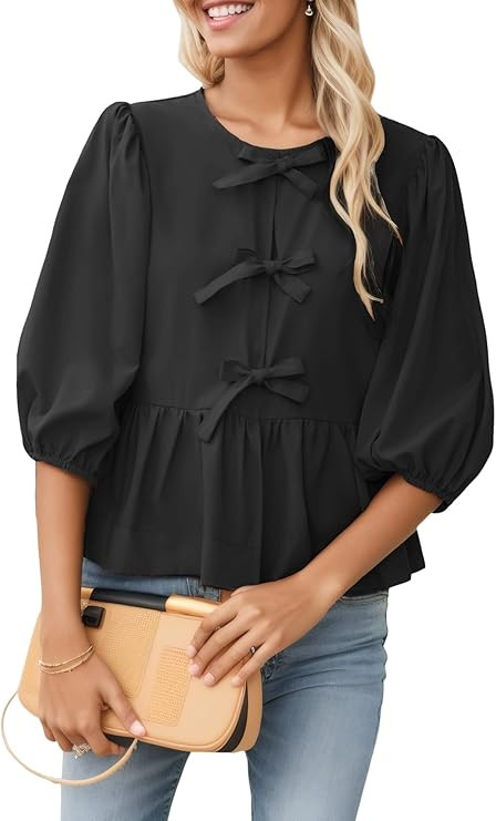 Tie Front Tops Women Y2k Leopard Print Puff Sleeve 3/4 Length Peplum Cute Clothes | Amazon (US)