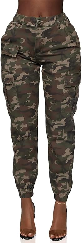 Double Denim Women's High Waist Jogger Pants - Casual Cargo Elastic Waistband Sweatpants Tapered ... | Amazon (US)