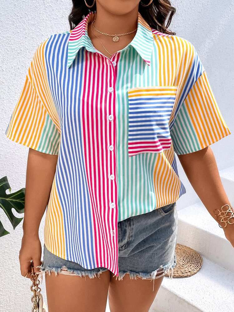 SHEIN EZwear Plus Striped Print Colorblock Drop Shoulder Shirt
       
              
           ... | SHEIN