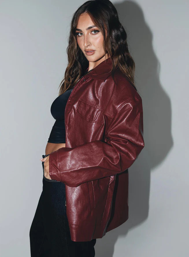 Callie Faux Leather Jacket Burgundy | Princess Polly US