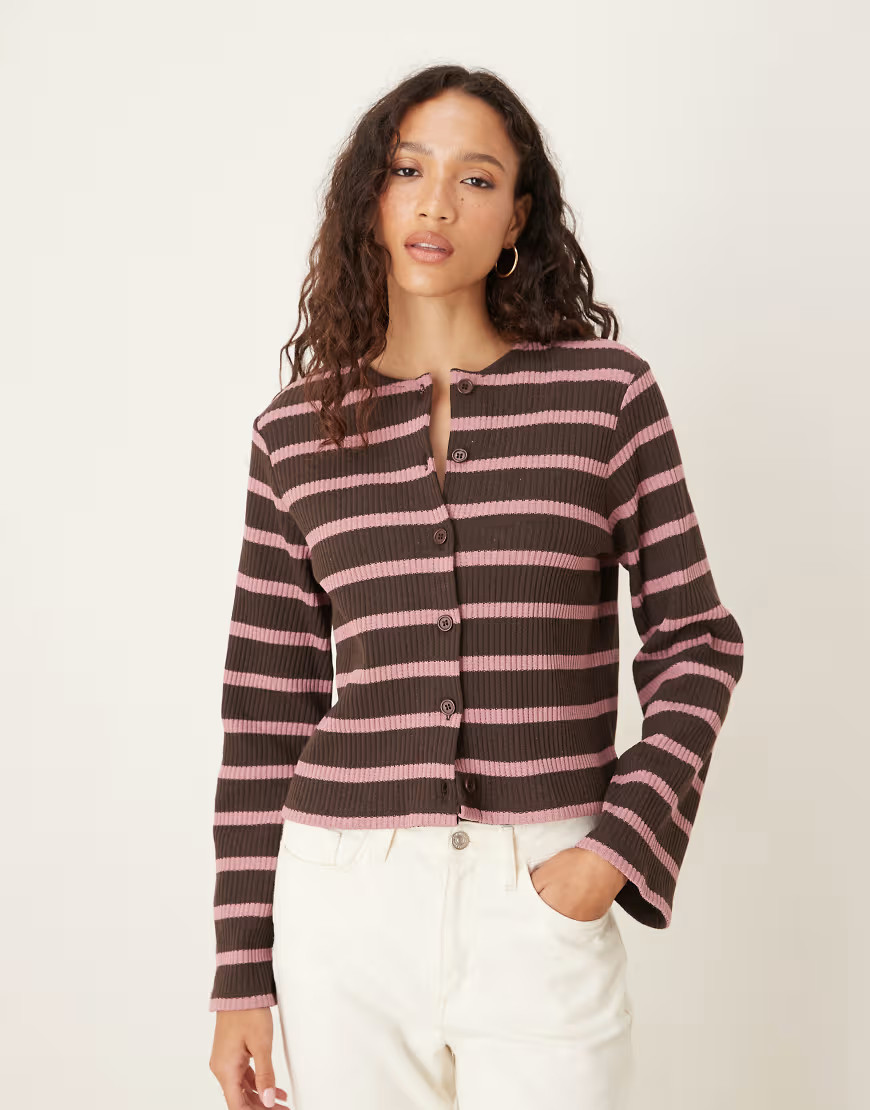 ASOS DESIGN cut and sew stripe button up long sleeve top in brown | ASOS (Global)