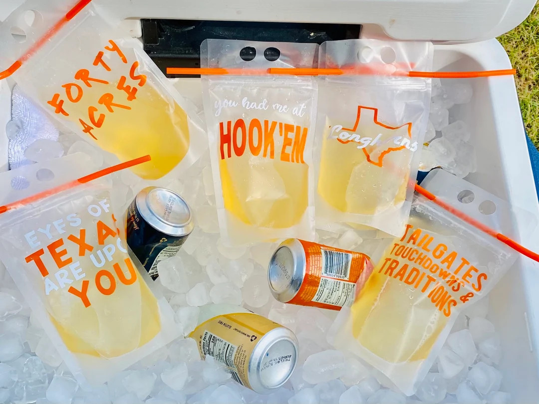 Texas Longhorn Reusable Drink Pouches UT Burnt Orange Bevo Longhorn Tailgate Texas Longhorns Foot... | Etsy (US)