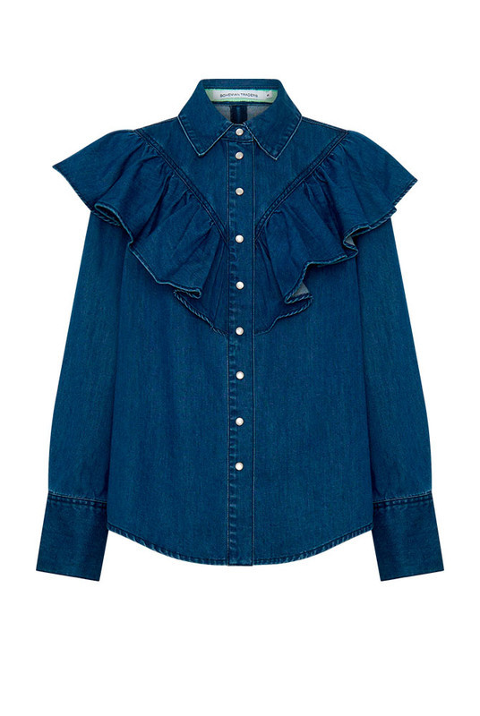 Ruffle Denim Shirt in Mid Blue | Bohemian Traders