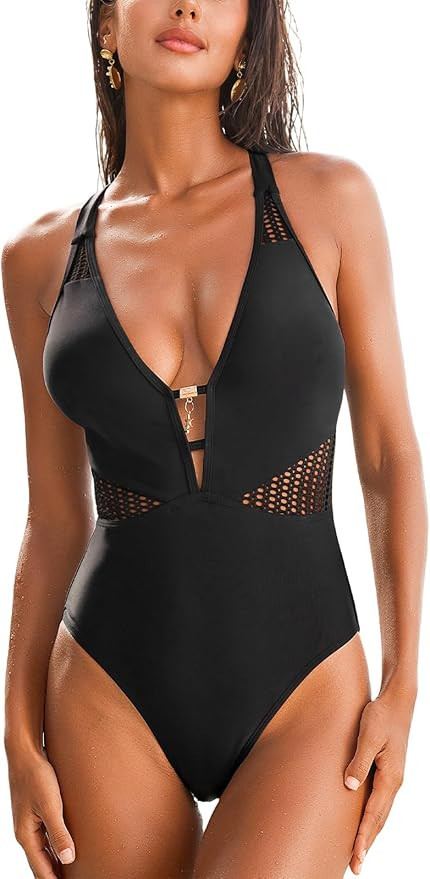 CUPSHE Women's One Piece Swimsuit Plunging Neck Bathing Suit Cutout Adjustable Crisscross Strappy... | Amazon (US)