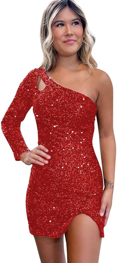 Women's One Shoulder Sequin Homecoming Dress Short Sparkly Long Sleeve Prom Party Gowns for Teens | Amazon (US)