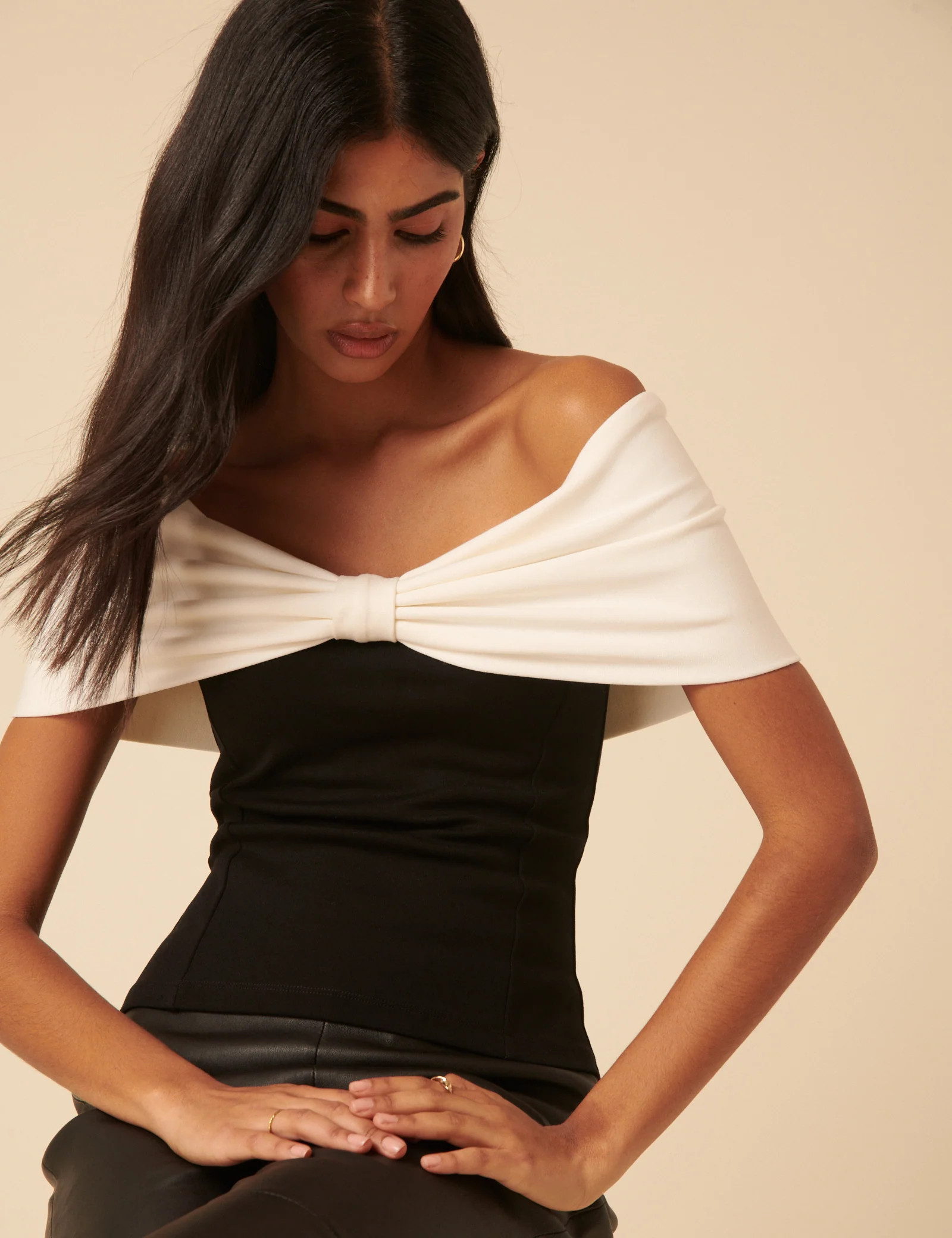 Black Bow Off Shoulder Contrast Top | Nobody's Child
