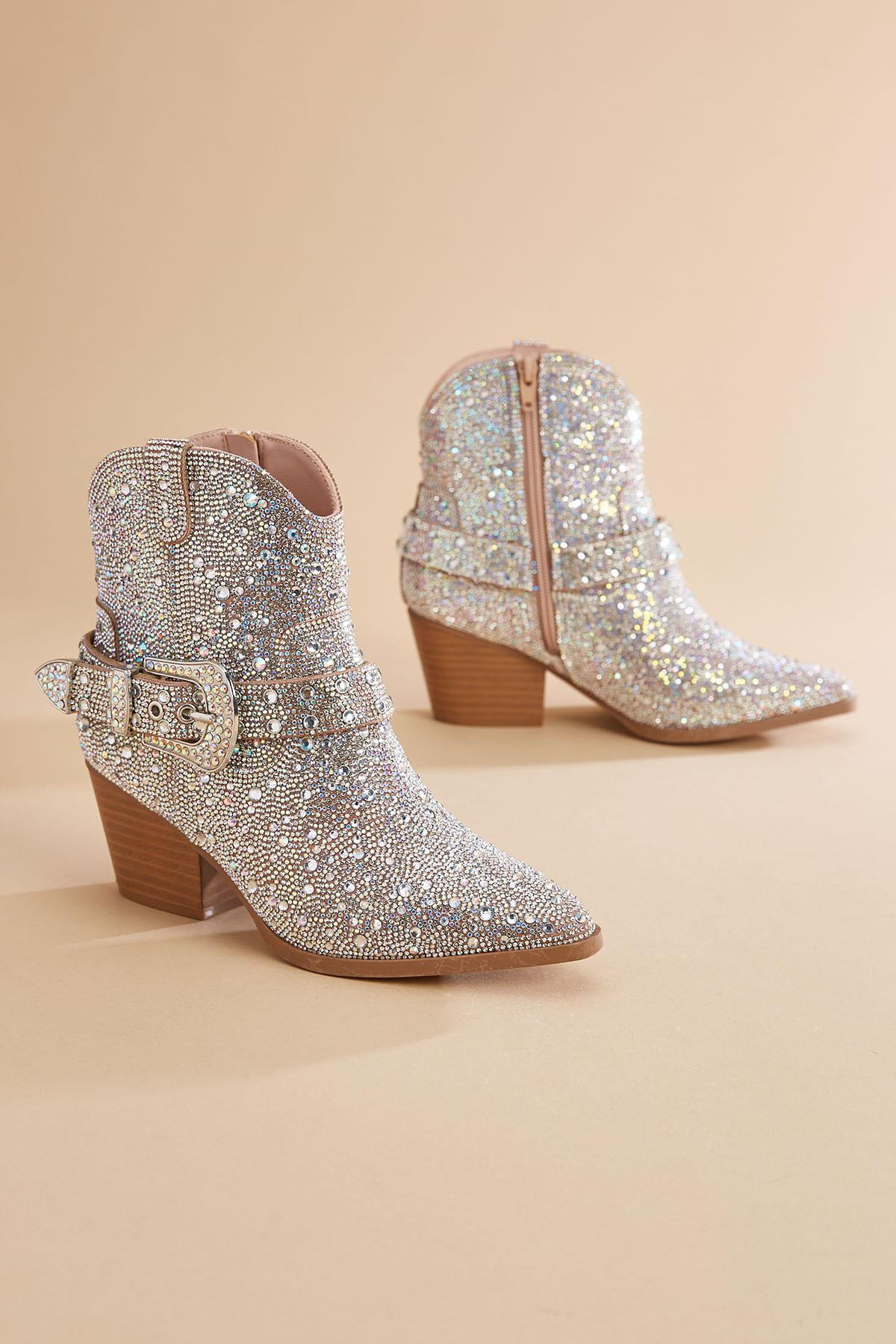 iridescent rhinestone buckle booties | Versona