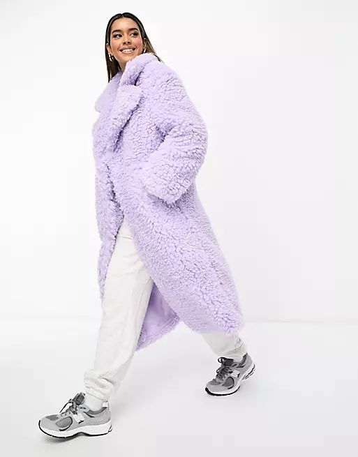 NA-KD oversized teddy fur coat in lilac | ASOS (Global)