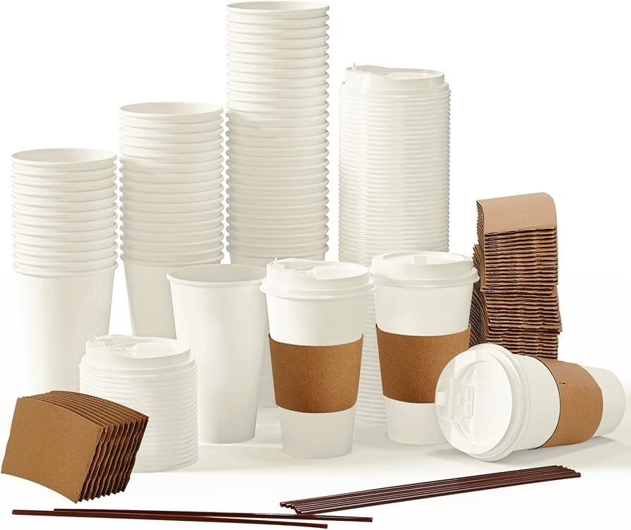 [50 Pack] 16 oz Paper Coffee Cups, Disposable Paper Coffee Cup with Lids, Sleeves, and Stirrers, ... | Amazon (US)