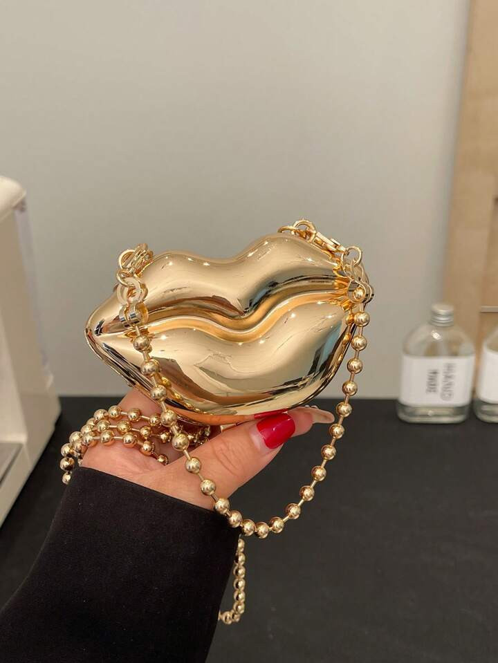 1pc Personalized Funny Creative Big Lips Shaped Gold Bag, New Acrylic Box Makeup Bag, Mini Chain ... | SHEIN