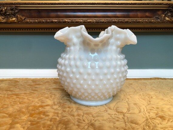 Vintage Milk Glass Ruffled Rose Bowl Hobnail Vase | Etsy | Etsy (US)