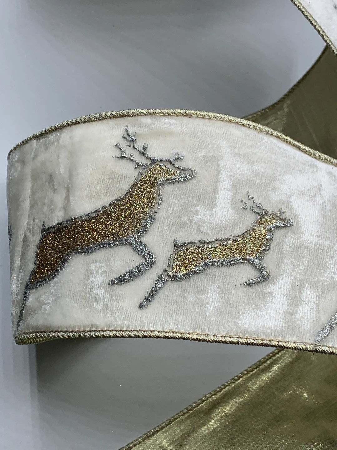 4" Glittered Running Reindeer on Winter White Velvet Ribbon ~ D Stevens ~ Wired Edges ~ 10 Yard R... | Etsy (US)