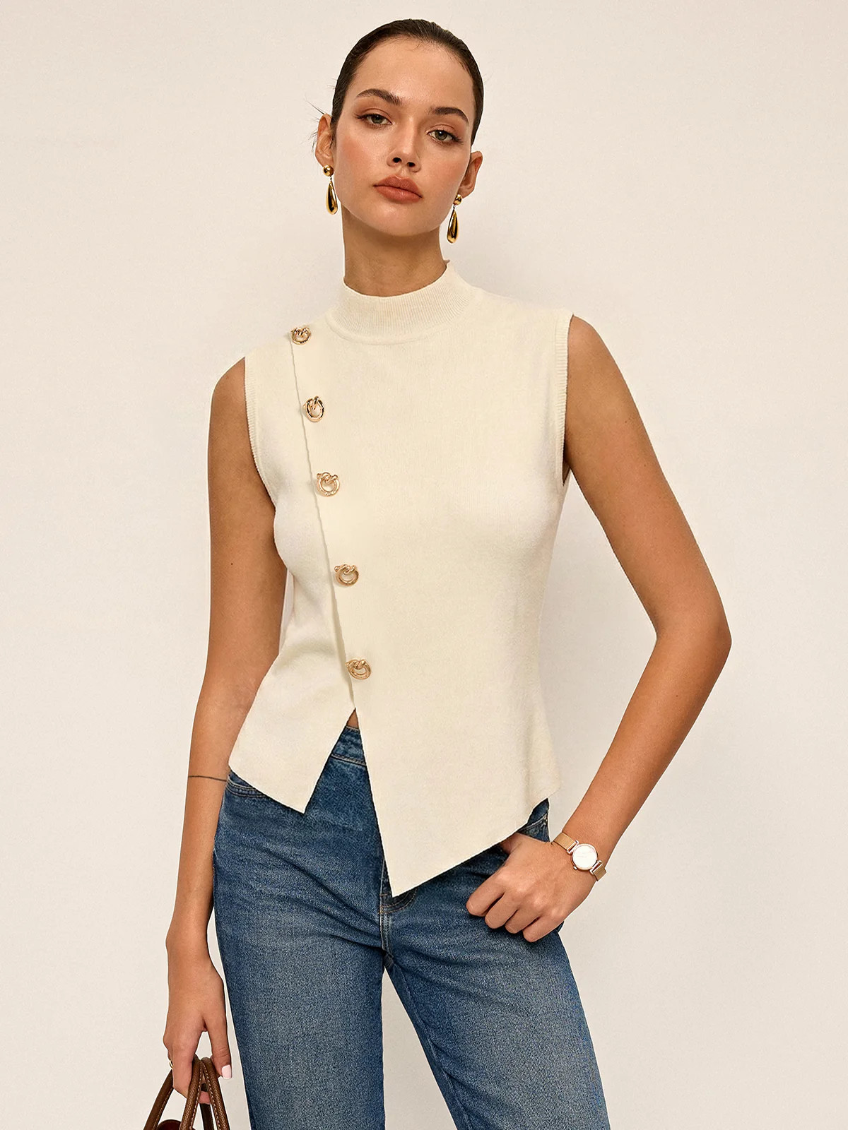 Asymmetric Button Sleeveless Knit Top | Commense