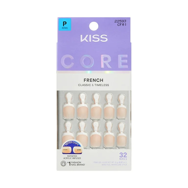 KISS CORE French Tip Press On Nails, ‘Perfection’, White, Petite Squoval, 32 Count | Walmart (US)