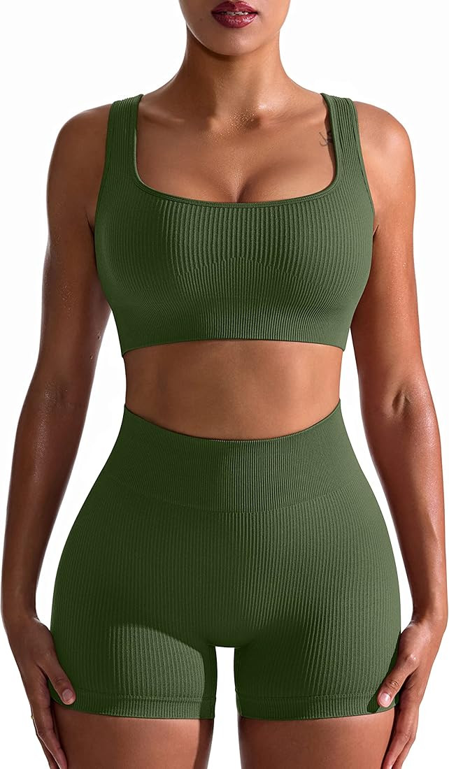 OQQ Workout Outfits for Women 2 Piece Seamless Ribbed High Waist Leggings with Sports Bra Exercis... | Amazon (US)