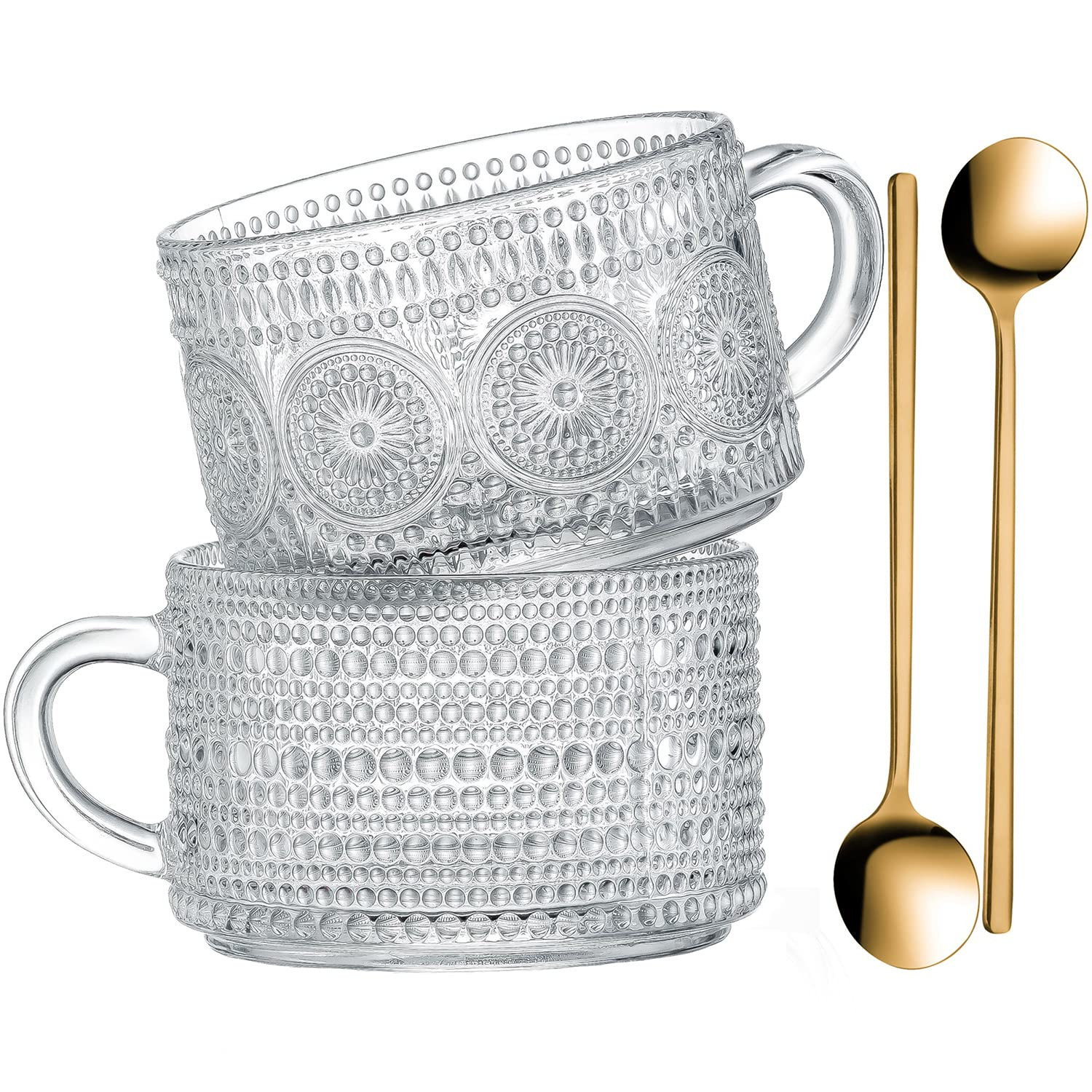 Gezzeny Vintage Glass Coffee Mugs 14 Oz Set of 2 Clear Embossed Tea Cups, Glass Coffee Cups for C... | Amazon (US)