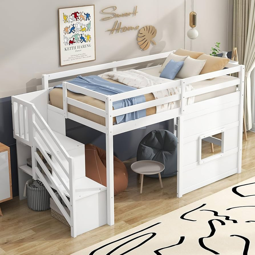 Merax Twin Loft Bed with Storage Staircase and Large Underbed Space for Teens, Boys, Girls, Solid... | Amazon (US)