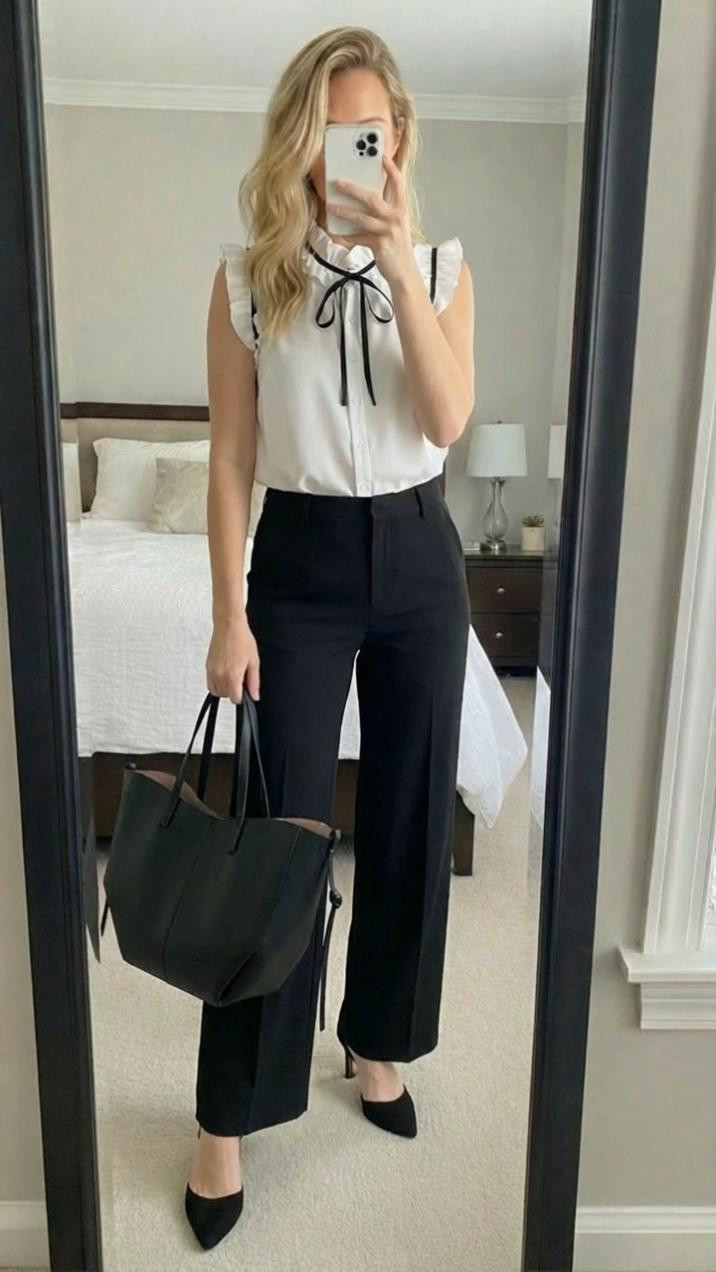 🖤🤍 WORK OUTFIT THAT ACTUALLY FEELS CUTE 🤍🖤
Proof that office style doesn't have to be boring! 🙌 This white ruffle bow blouse is the sweetest little top — the black ribbon tie detail makes it feel so polished and feminine while still being totally work appropriate 😍
Paired with black wide leg trousers, a sleek black tote, and black pointed toe pumps for the ultimate chic, put-together look 💼✨
🔗 All linked in my LTK! Tap to shop 👆

✨ KEYWORDS ✨
work outfit | office outfit | business casual | work wear | professional outfit | teacher outfit | white ruffle blouse | bow tie blouse | ribbon tie top | ruffle sleeve top | white button down | feminine work top | black wide leg trousers | wide leg pants | tailored trousers | black trousers | black and white outfit | monochrome outfit | classic style | timeless outfit | black tote bag | work tote | leather tote | black pumps | pointed toe heels | black heels | office shoes | smart casual | elevated basics | capsule wardrobe | workwear inspo | what to wear to work | office OOTD | work fashion | professional style | OOTD 

 