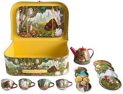 HearthSong 15-Piece Woodland-Themed Tin Tea Set with Carrying Case for Kids | Amazon (US)