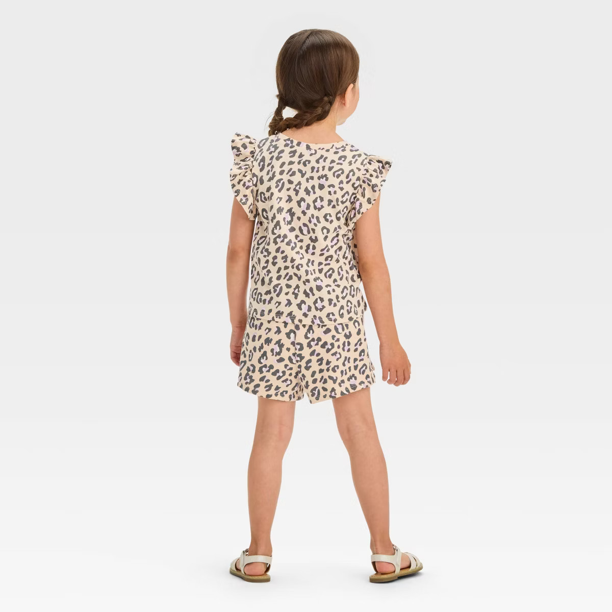 Grayson Mini Toddler Girls' Flutter Sleeve Leopard Printed & French Terry Shorts Set - Beige | Target
