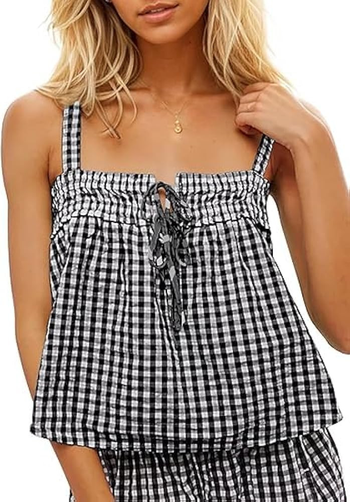 Anoumcy Cotton Gingham Tie Front Tank Tops for Women Girls Cute Plaid Tank Tops Casual Summer Goi... | Amazon (US)