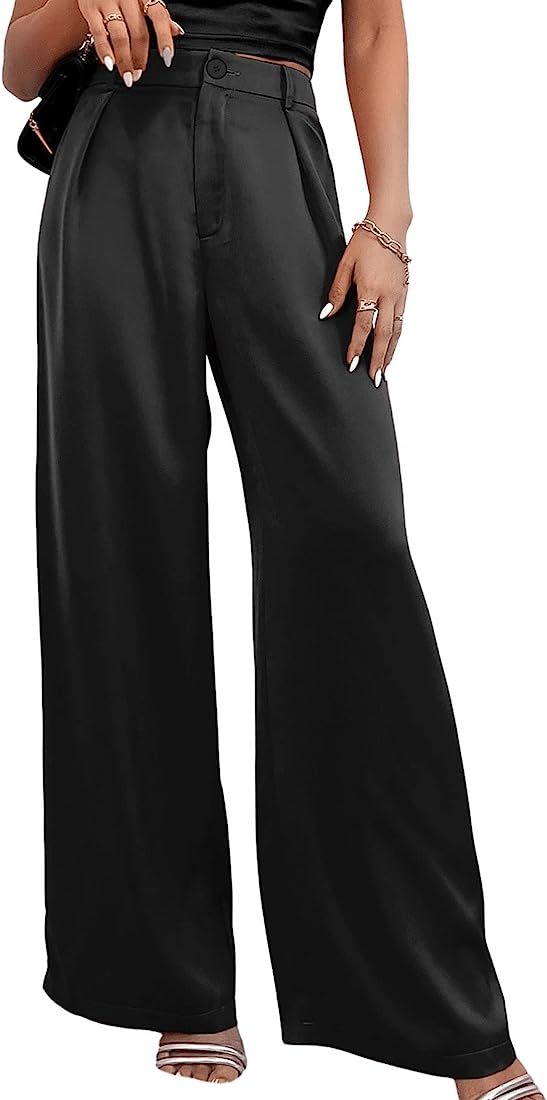 SweatyRocks Women's High Waist Satin Wide Leg Pants Casual Work Office Faux Silk Long Trousers wi... | Amazon (US)